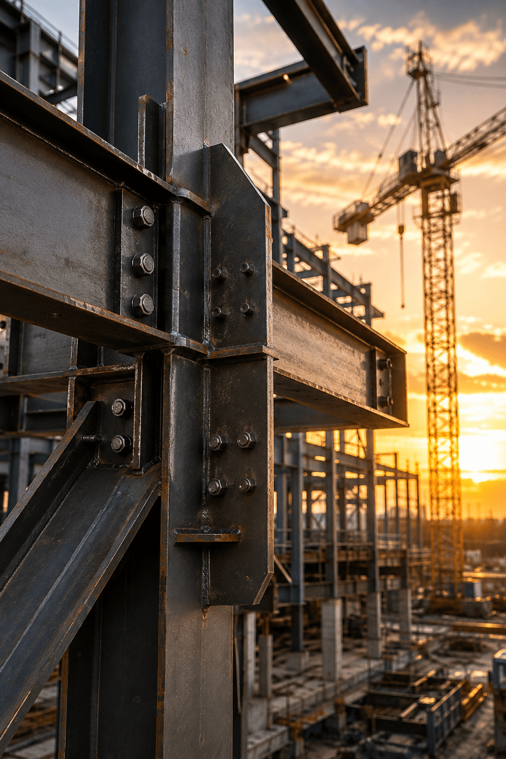 Construction — structural steel beams and crane at sunset