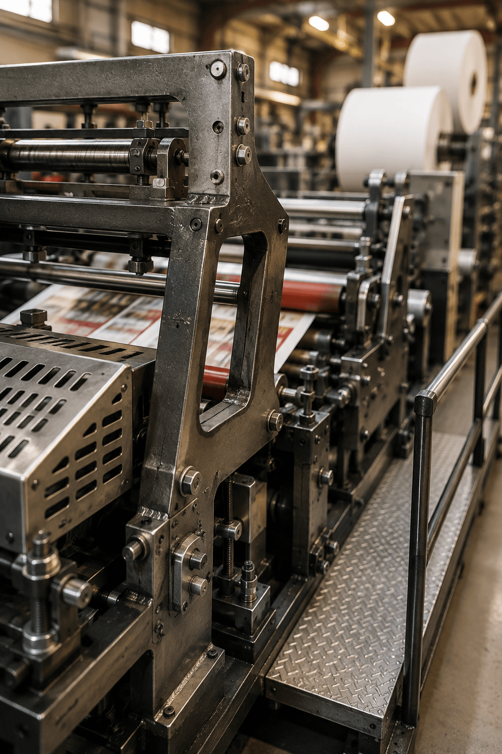 Printing and packaging — industrial press with paper rolls