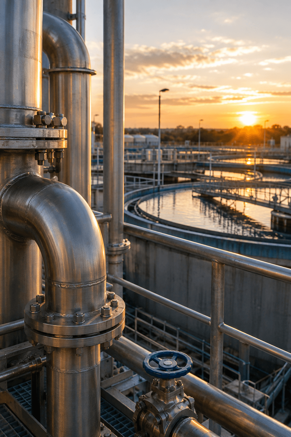 Water treatment — steel pipework and clarifier tanks at sunset
